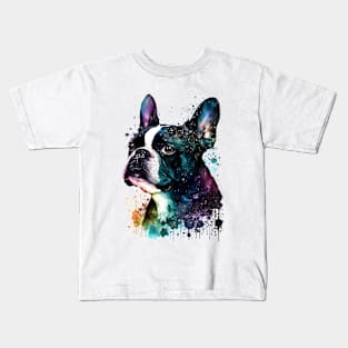 Rainbow Boston Terrier Watercolor Art Kids T-Shirt